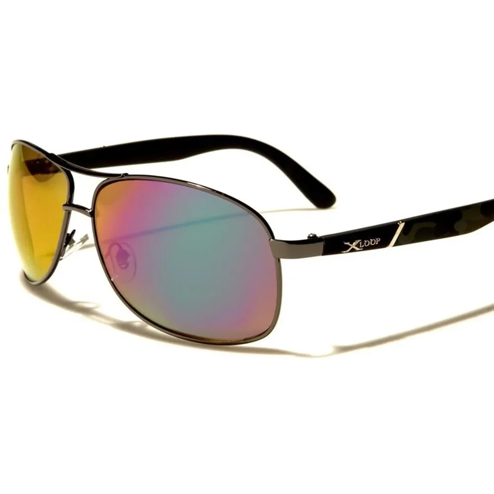 Designer Stylish Green Mirrored Lens Camouflage Temple Mens Rectangle Sunglasses